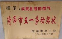 成武县亚洲胜游燃气有限公司获得2014年度“菏泽市五一劳动奖状”及“菏泽市学习型组织尖兵单位”称呼